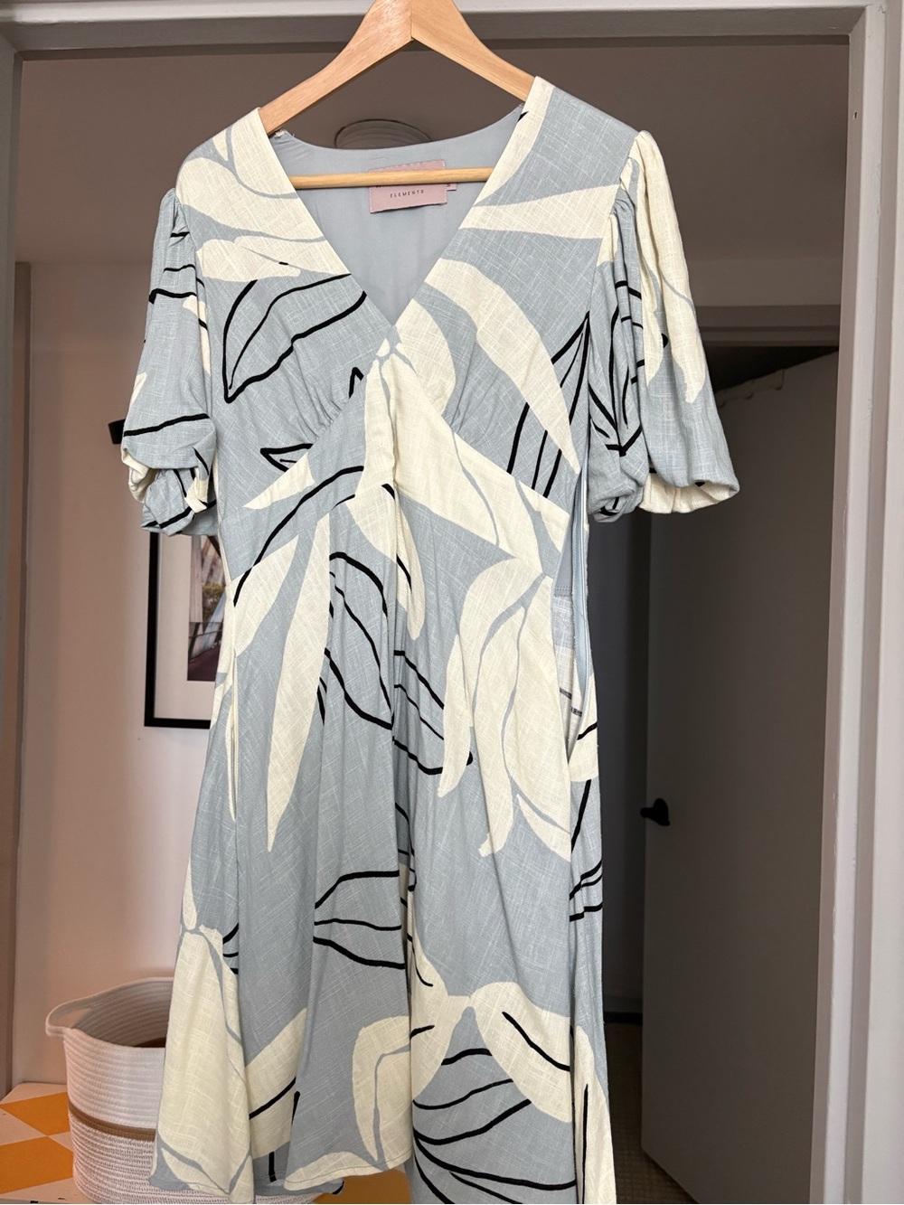 Summer Light Blue/gray & Cream Midi Dress with Botanical Print dress